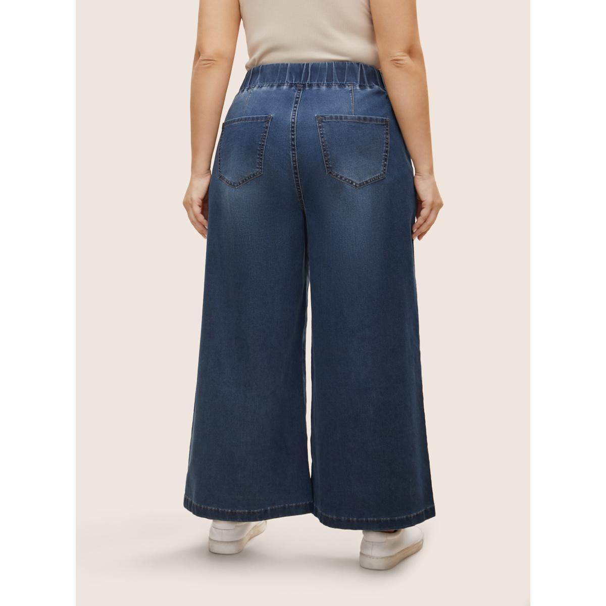 Plus Size Dark Wash Drawstring Wide Leg Jeans Women Denimblue Casual Drawstring High stretch Slanted pocket Jeans BloomChic 10/M Product Image