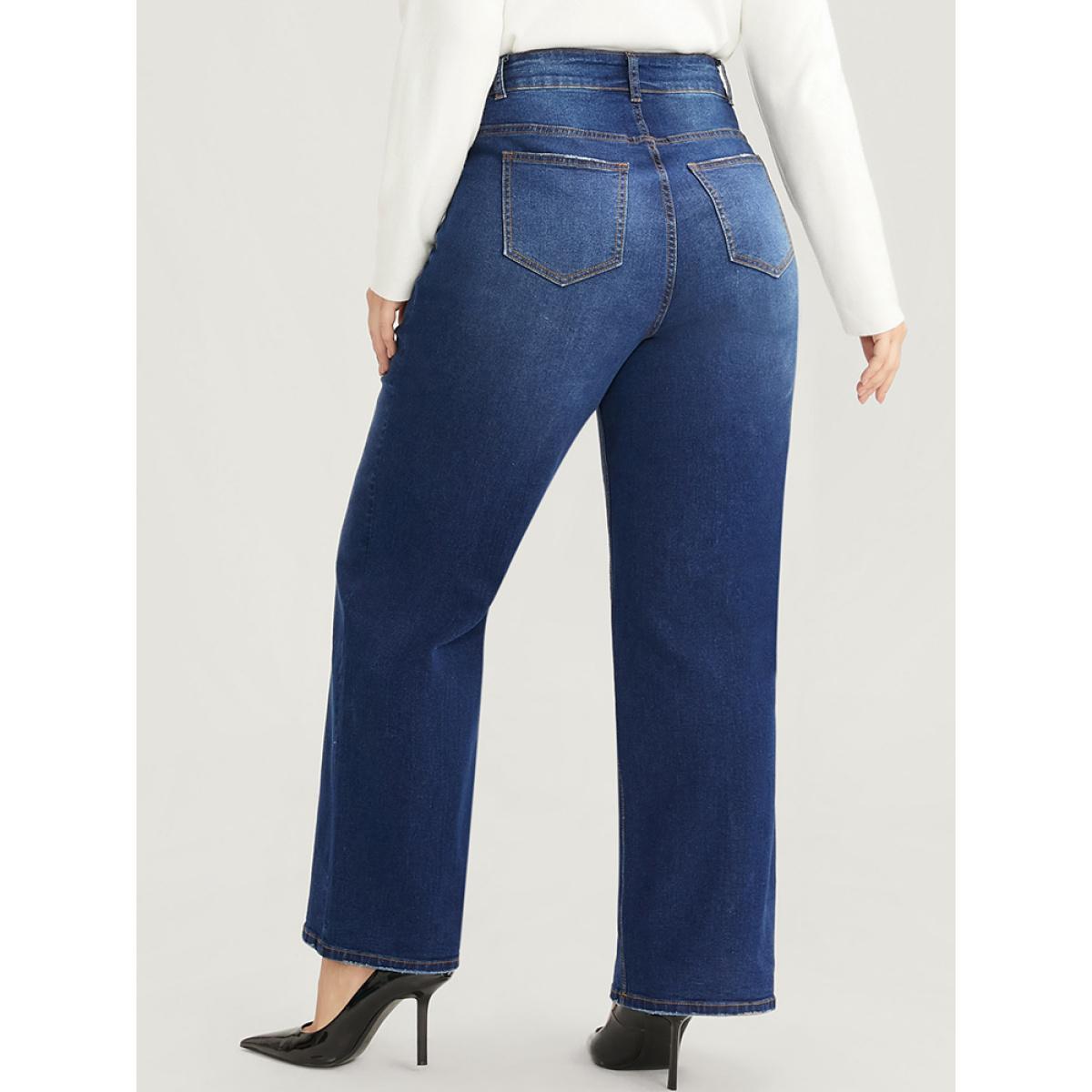Plus Size Straight Slightly Stretchy High Rise Dark Wash Pocket Full Jeans Women DarkBlue Casual Plain Button Low stretch Pocket Jeans BloomChic 20/2X Product Image