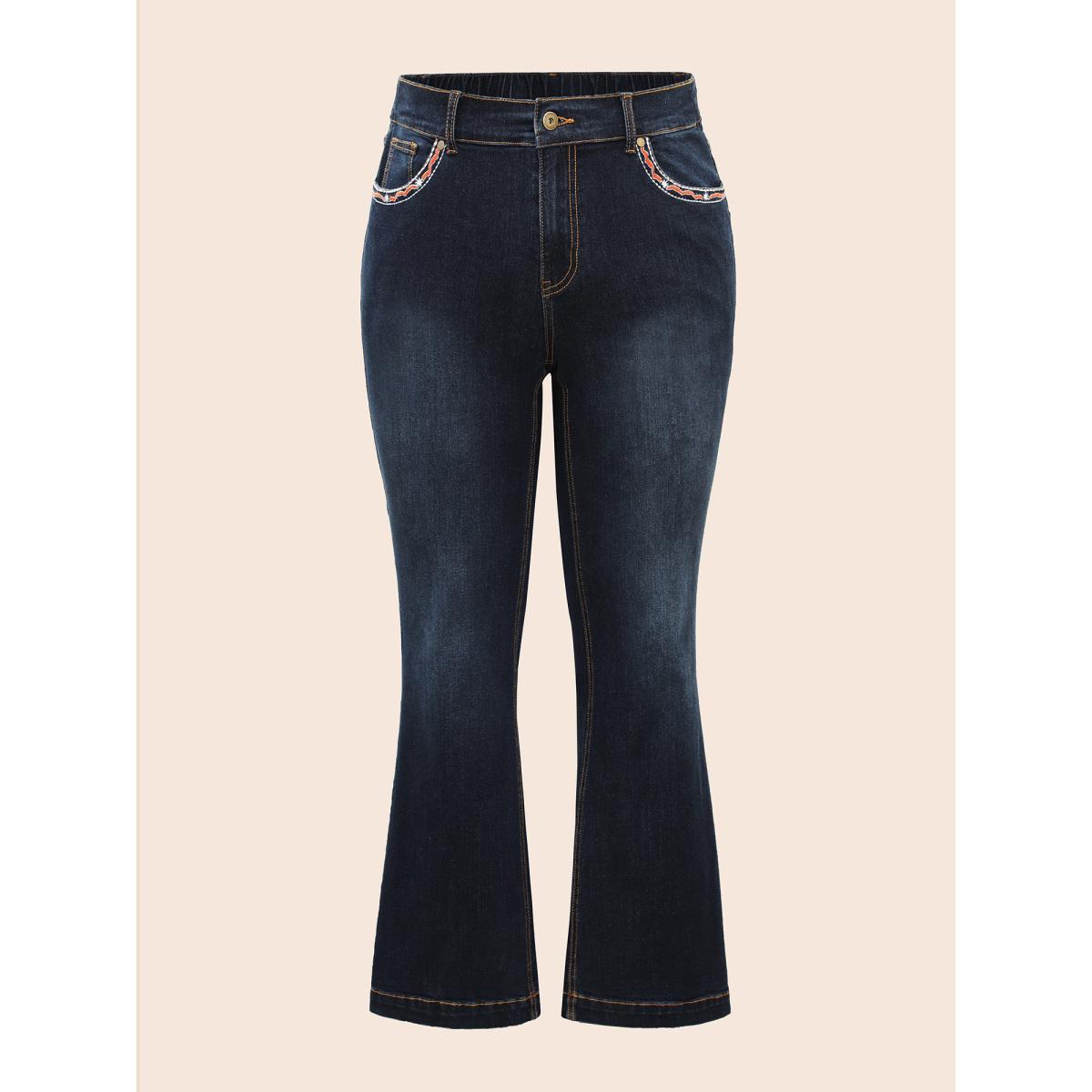 Plus Size Stretch Denim Front Embroided Pockets Flare Jeans Women Darkindigo Casual Embroidered Medium stretch Slanted pocket Jeans BloomChic 16/1X Product Image