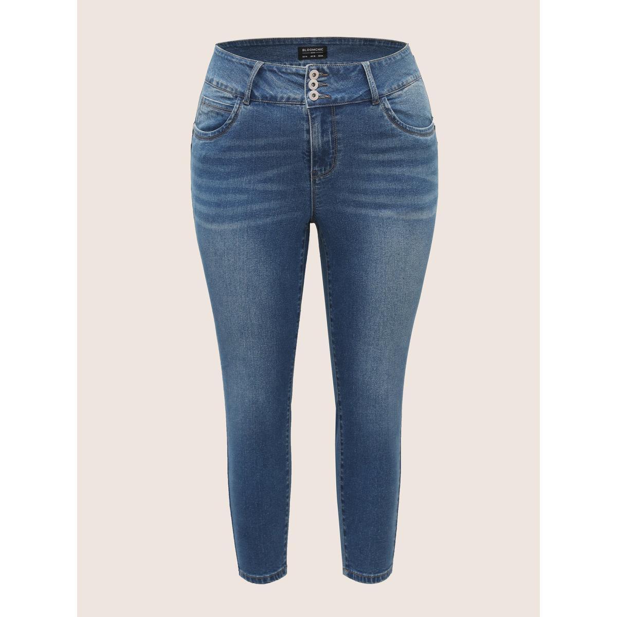 Plus Size Medium Wash Slim Cropped Jeans Women Blue Casual Button High stretch Slanted pocket Jeans BloomChic 28/5X Product Image