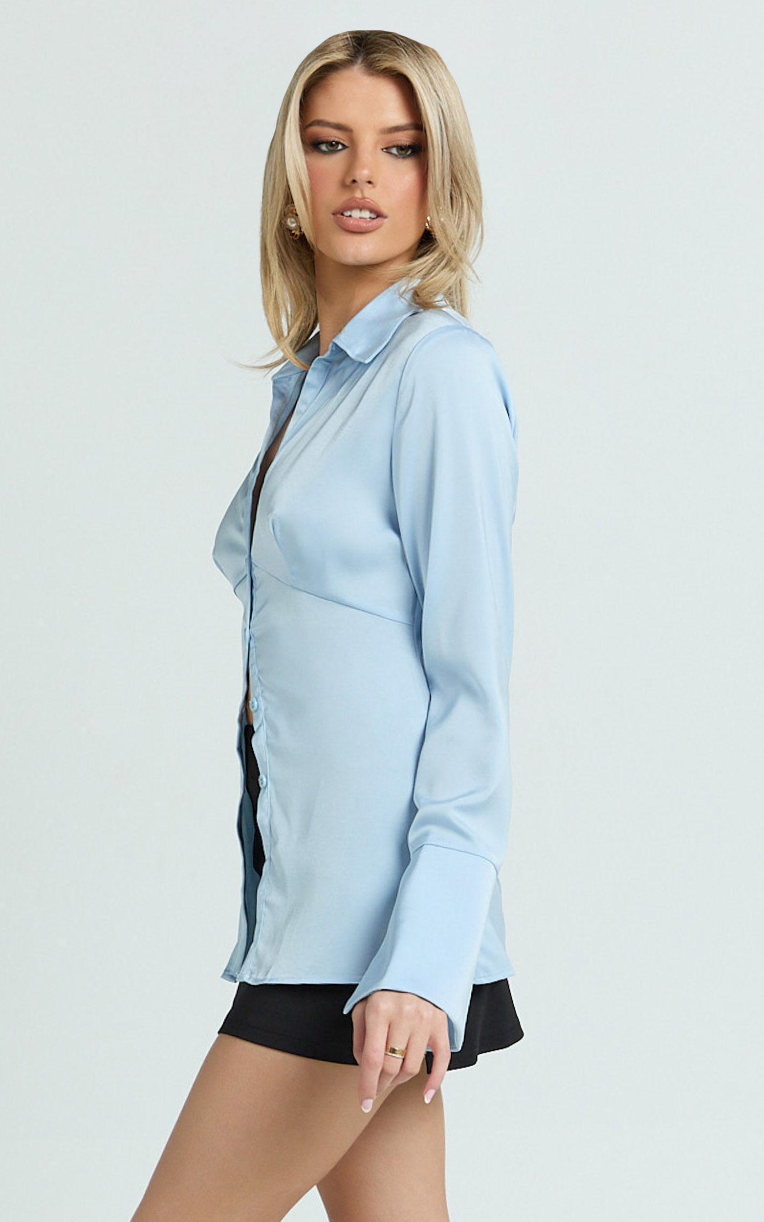 Natalie Top - Button Up Flared Sleeve Shirt in Light Blue Product Image
