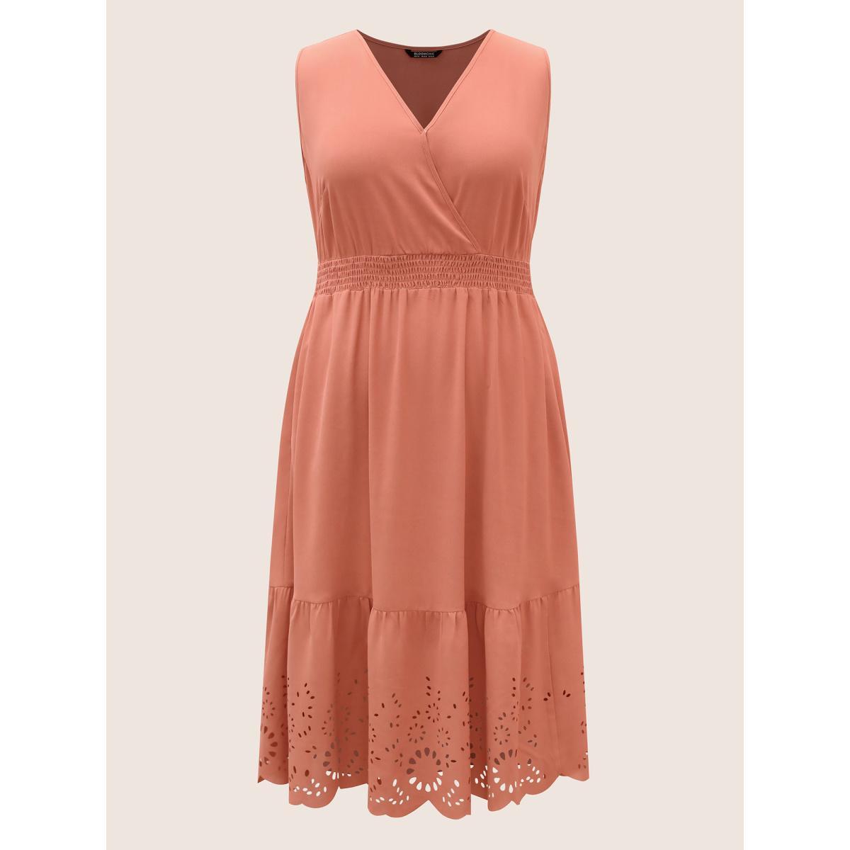 Plus Size Plain Laser Cut Shirred Wrap Tank Dress Coral Women Elegant Overlapping Overlap Collar Sleeveless Curvy Midi Dress BloomChic 14-16/1X Product Image