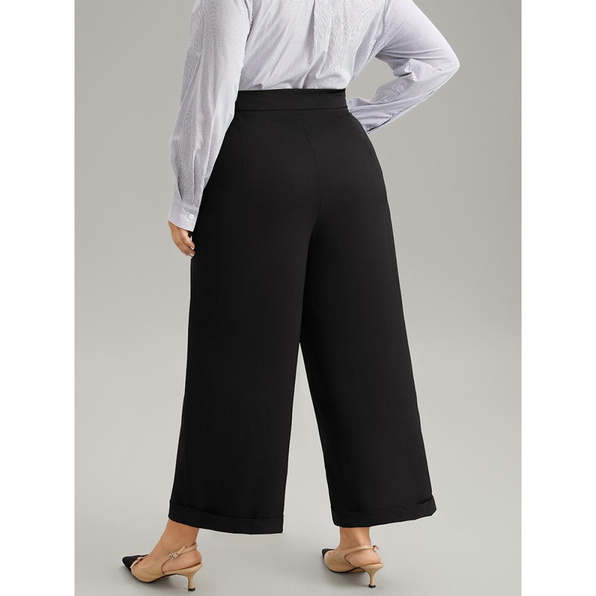 Plus Size Plain Metal Detail Pocket Wide Leg Pants Women Black Office Wide Leg High Rise Work Pants BloomChic 14-16/1X Product Image