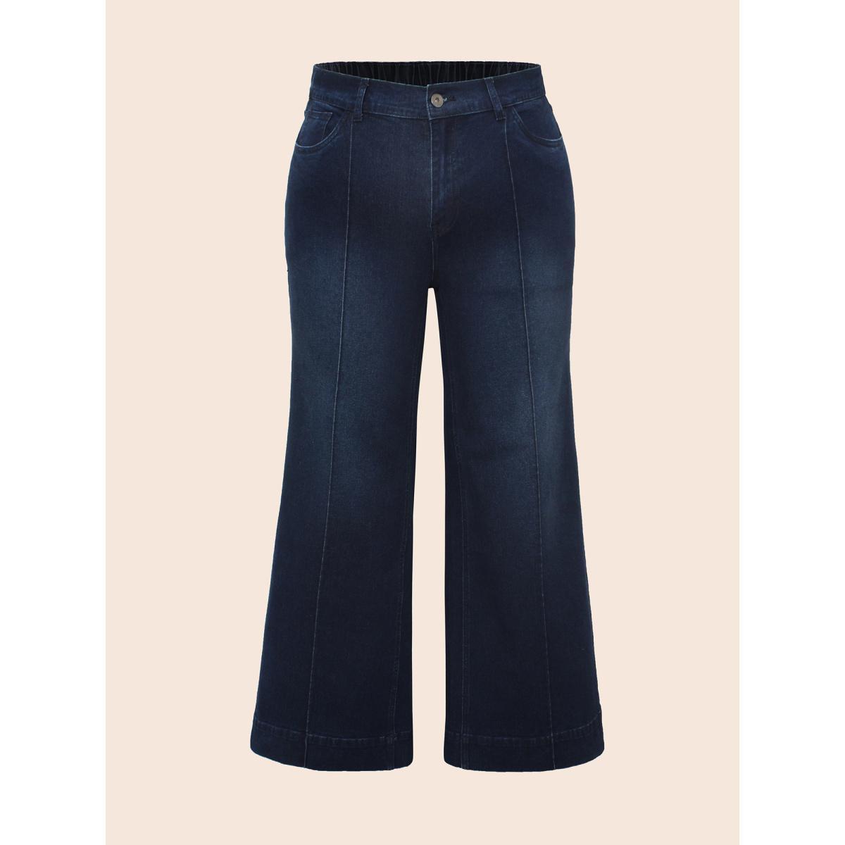 Plus Size Dark Wash Seam Detail Wide Leg Jeans Women Denimindigo Casual Medium stretch Slanted pocket Jeans BloomChic 26/4X Product Image