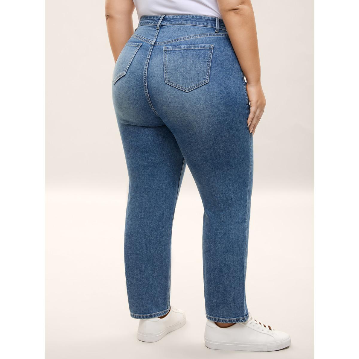 Plus Size Classic Cut Boyfriend Jeans Women Denimblue Casual Button Medium stretch Slanted pocket Jeans BloomChic 22/3X Product Image