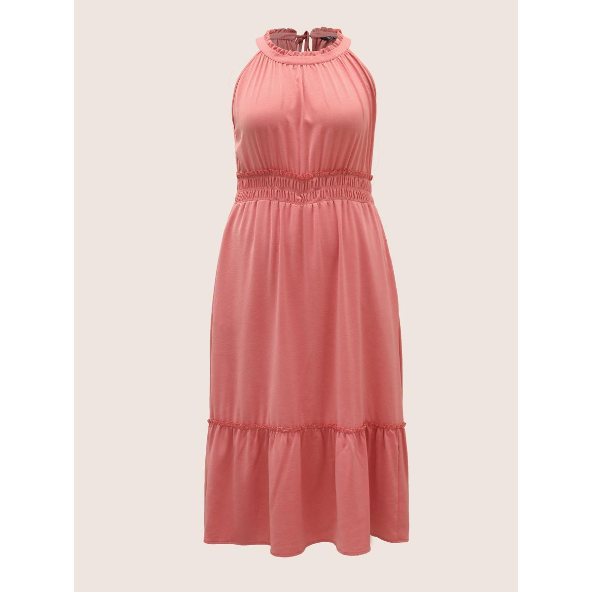 Plus Size Halter Neck Shirred Frill Trim Gathered Dress Watermelon Women Formal Gathered Halter neck Sleeveless Curvy Midi Dress BloomChic 22-24/3X Product Image