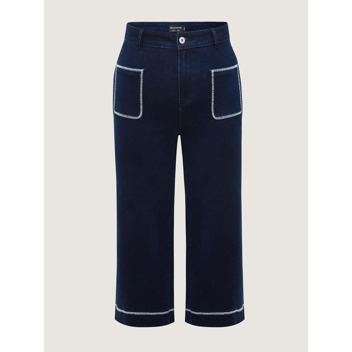 Plus Size Embroidered Front Pockets Straight-Leg Jeans Women Midblue High stretch Slanted pocket Jeans BloomChic 22/3X Product Image