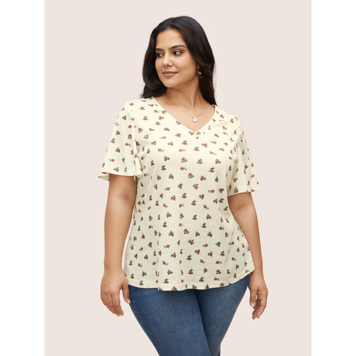 Plus Size Natural Flowers V Neck Flutter Sleeve T-shirt Beige Women Elegant Contrast Natural Flowers V-neck Everyday T-shirts BloomChic 30/6X Product Image