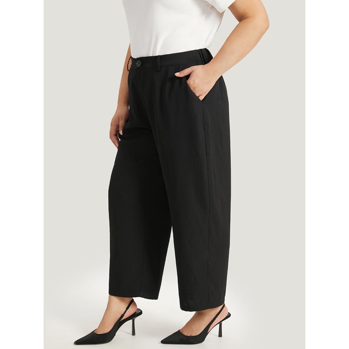 Plus Size Plain Pocket Elastic Waist High Rise Pants Women Black Office Straight Leg High Rise Work Pants BloomChic 26/4X Product Image
