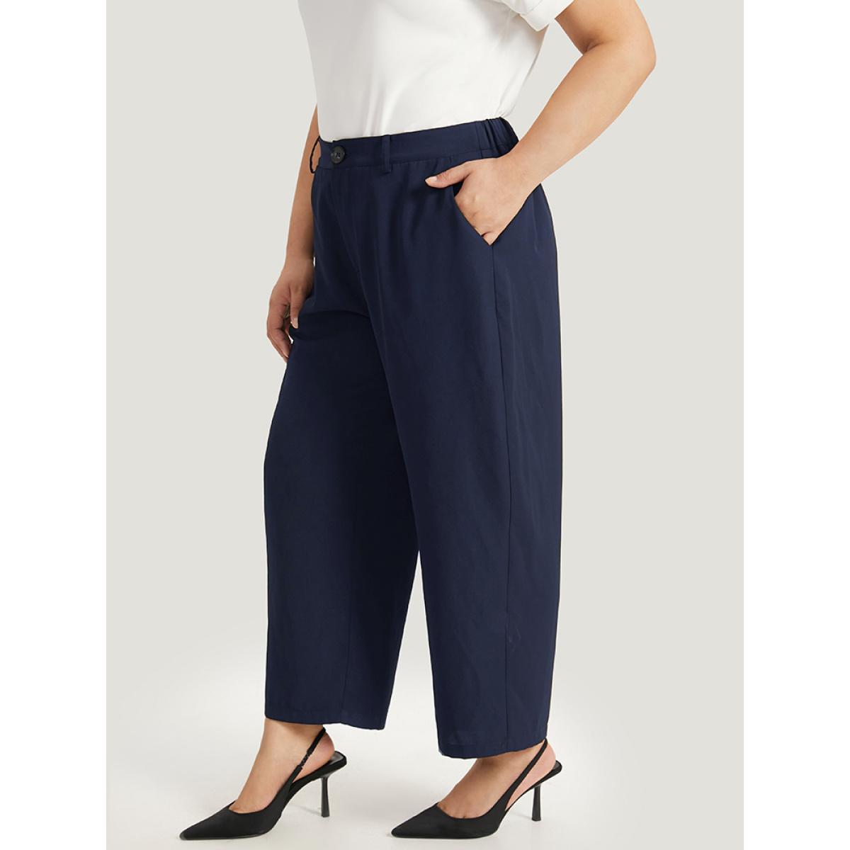 Plus Size Plain Pocket Elastic Waist High Rise Pants Women Black Office Straight Leg High Rise Work Pants BloomChic 26/4X Product Image