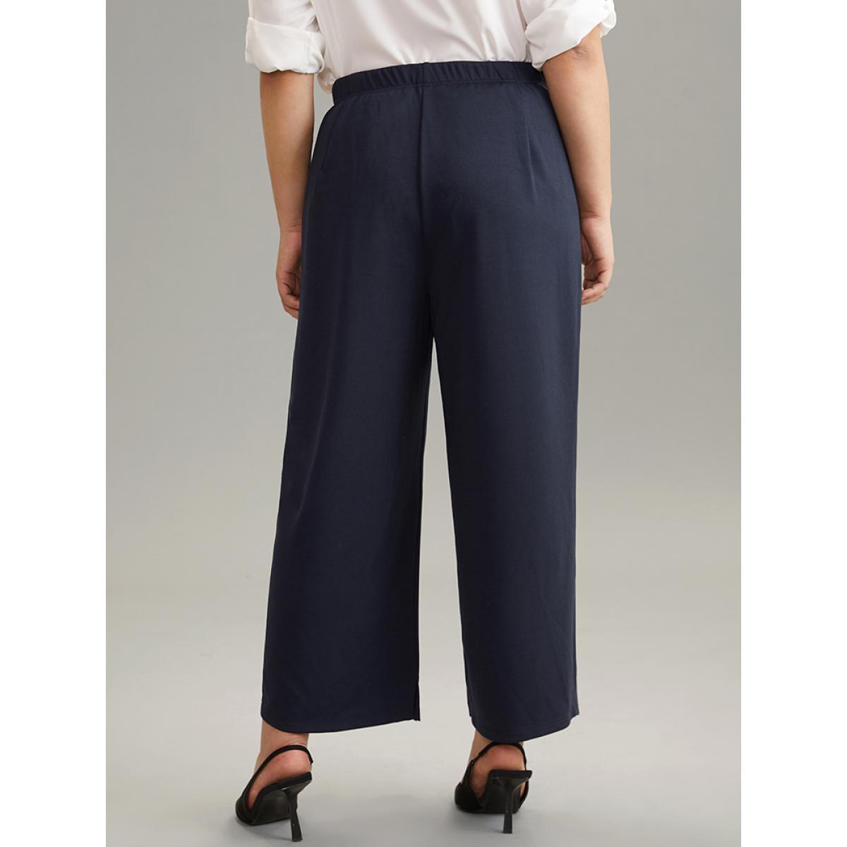 Plus Size Solid Wide Leg Elastic Waist Split Hem Pants Women Indigo Elegant Wide Leg High Rise Dailywear Pants BloomChic 18-20/2X Product Image