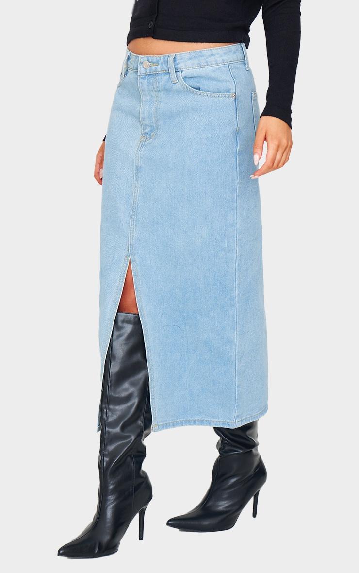 Light Blue Wash Split Front Mid Rise Denim Midi Skirt Product Image