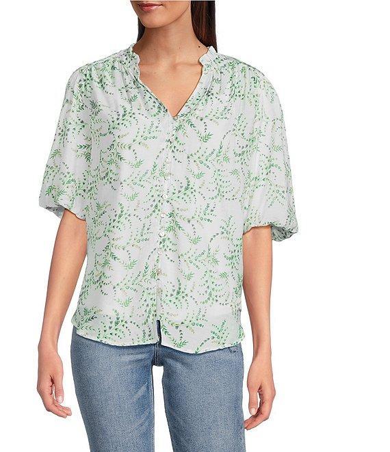 Figueroa & Flower Woven Printed Mandarin Collar Short Puff Sleeve Button Front Blouse Product Image
