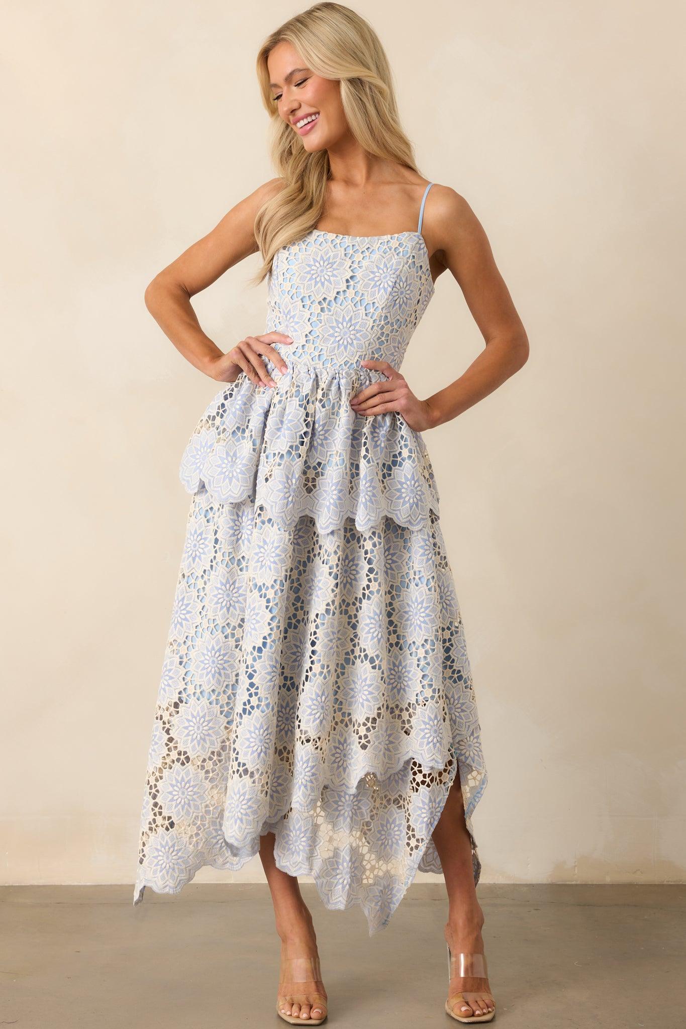 Within Myself Sky Blue Embroidered Eyelet Asymmetric Maxi Dress Product Image