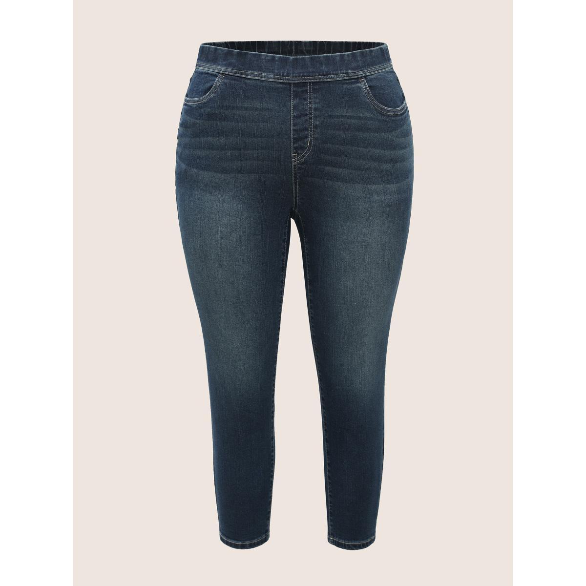 Plus Size Dark Wash Elastic Waist Slim Cropped Jeans Women Denimindigo Casual Non Medium stretch Slanted pocket Jeans BloomChic 20/2X Product Image