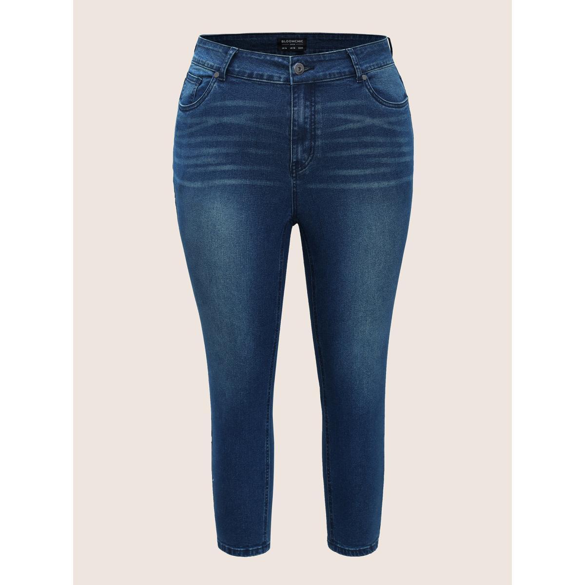 Plus Size Dark Wash Pocket Slim Cropped Jeans Women Aegean Casual Plain Non High stretch Slanted pocket Jeans BloomChic 16/1X Product Image