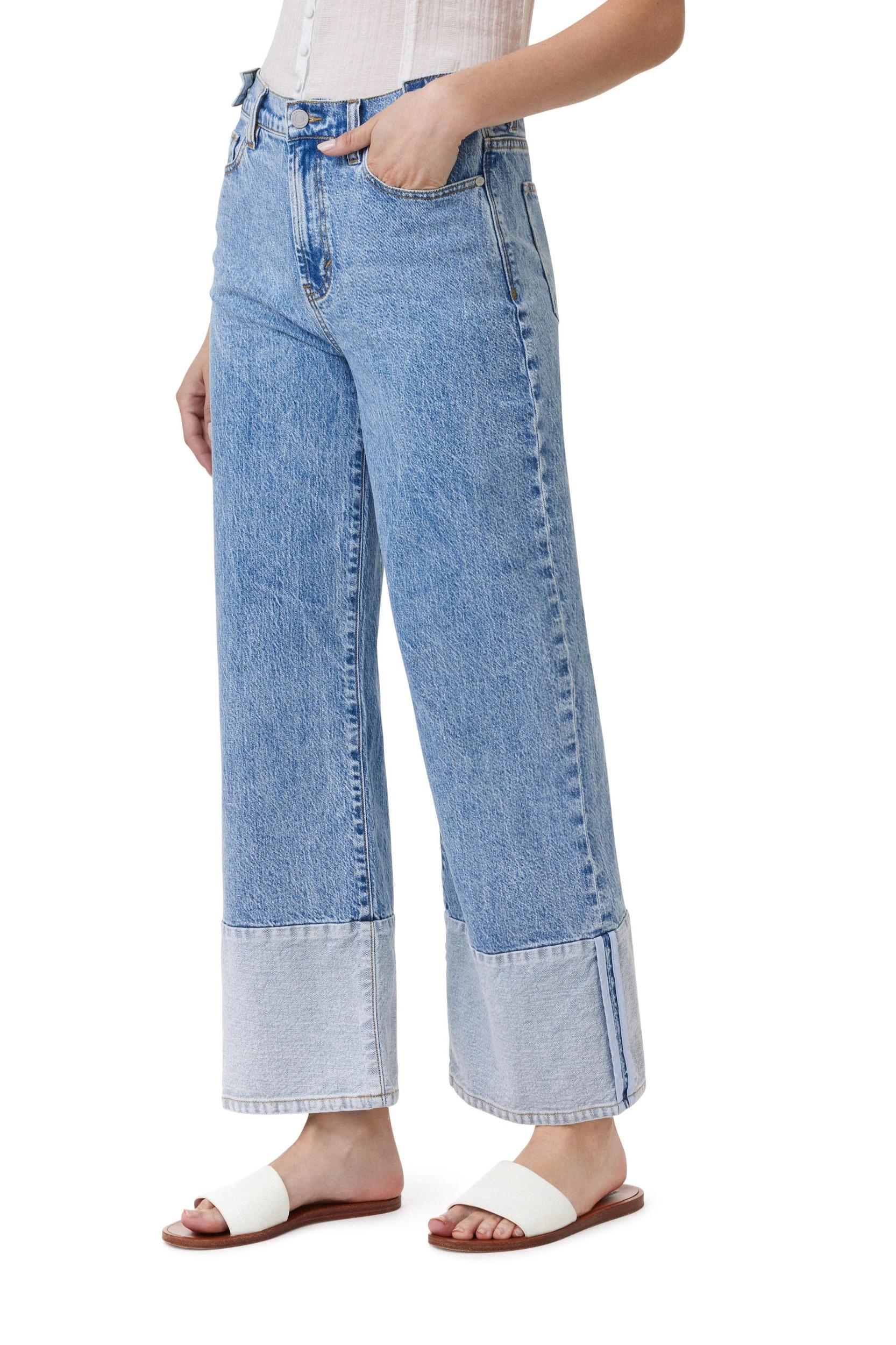 Contrast Hem High Waist Ankle Wide Leg Jeans - Pacific Product Image