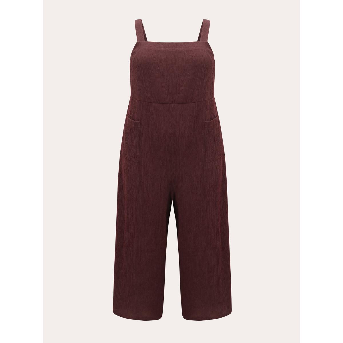 Plus Size Burgundy Plain Textured Patched Pocket Cami Jumpsuit Women Casual Sleeveless Non Everyday Loose Jumpsuits BloomChic 18-20/2X Product Image