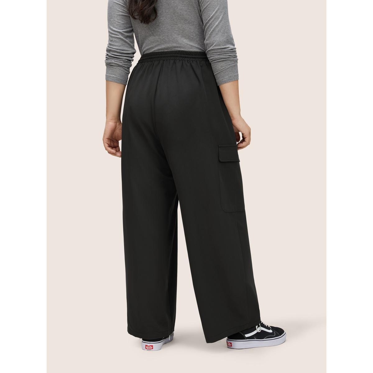 Plus Size Plain Pocket Drawstring Elastic Waist Straight Leg Pants Women Black Casual Straight Leg High Rise Everyday Pants BloomChic 18-20/2X Product Image
