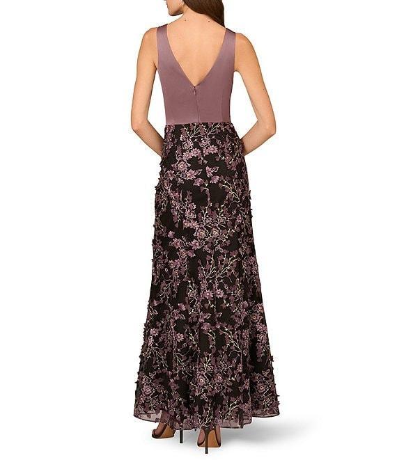Aidan Mattox Satin Crepe V-Neck Sleeveless 3D Embroidered Pleated Bodice Column Dress Product Image
