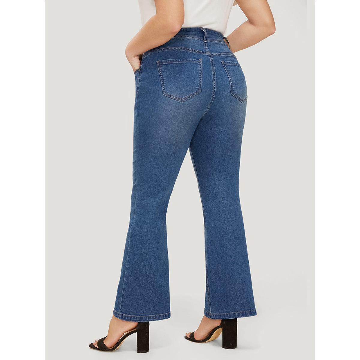 Plus Size Flare Leg Very Stretchy Medium Wash Jeans Women Blue Casual Plain High stretch Pocket Jeans BloomChic 20/2X Product Image