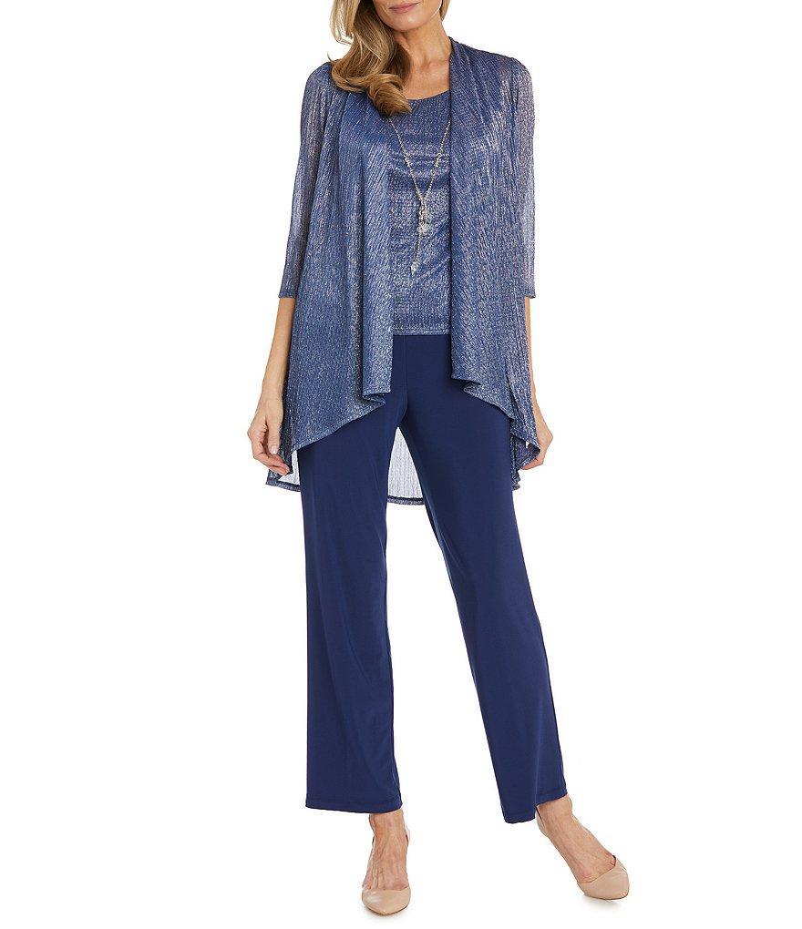 R & M Richards Pleated Crinkle Metallic Scoop Neck 3/4 Sleeve 2-Piece Pant Set Product Image