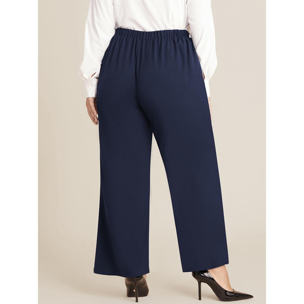 Plus Size Solid Elastic Waist Pocket Button Detail Pants Women Midnight Office Mid Rise Work Pants BloomChic 18-20/2X Product Image