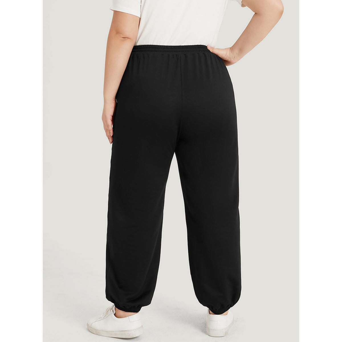 Moon and Star Print Pocket Drawstring Sweatpants Black Plus Size Women Casual Dailywear Plain 28/5X Bloomchic Product Image