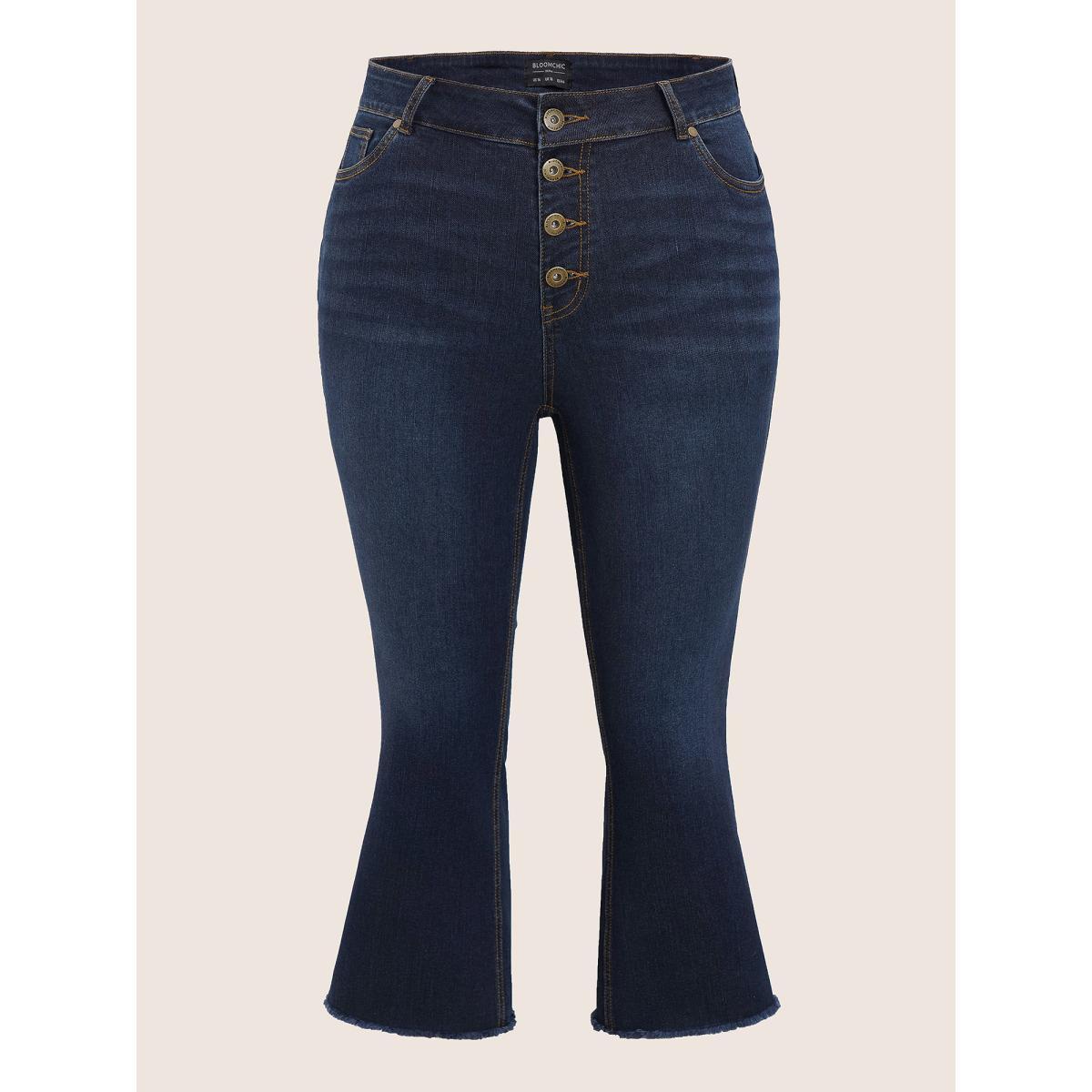 Plus Size Dark Wash Frayed Hem Cropped Bootcut Jeans Women Indigo Casual Plain Non High stretch Slanted pocket Jeans BloomChic 18/2X Product Image