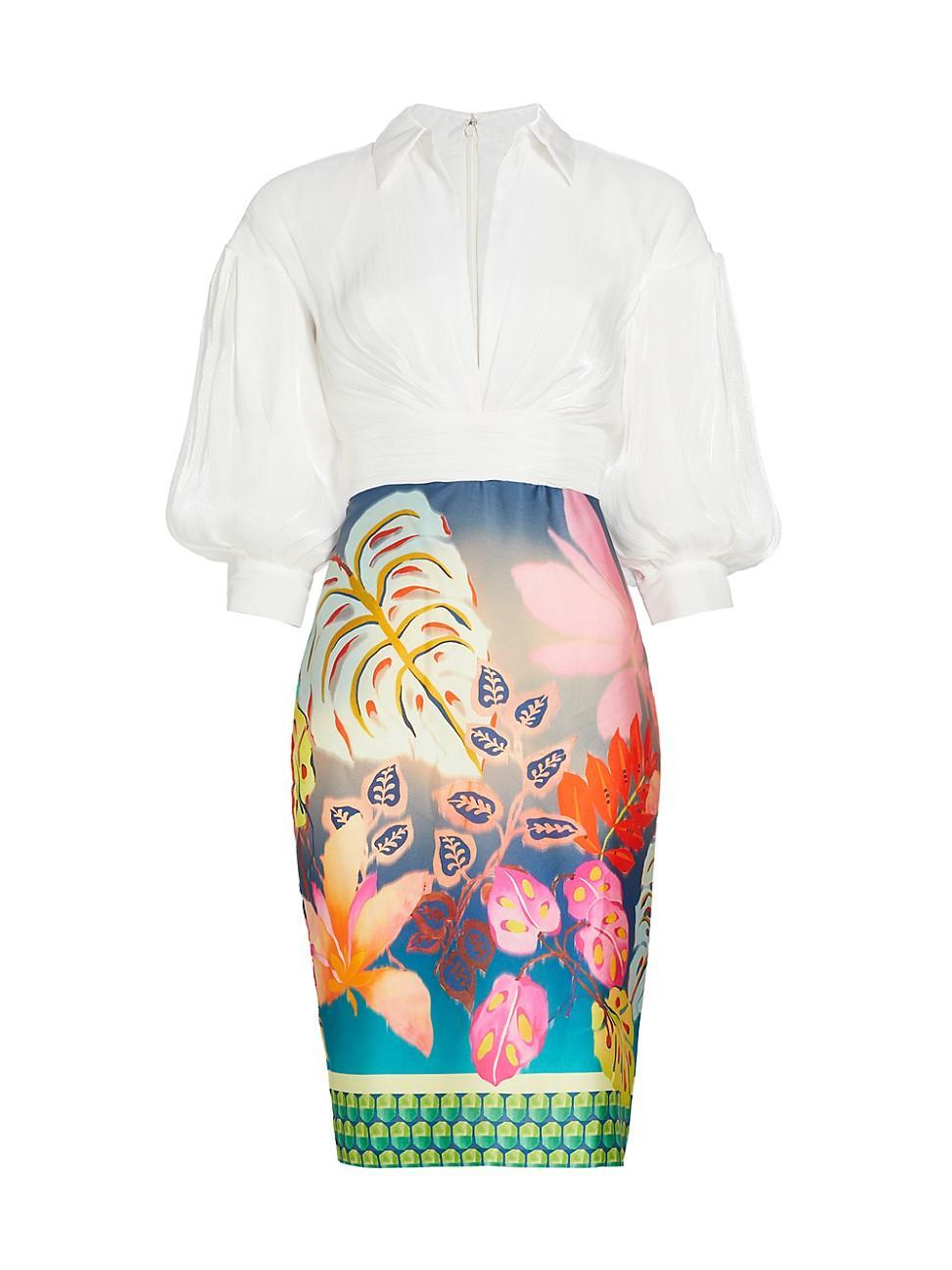 Ruched Floral-Print Balloon-Sleeve Midi Dress Product Image