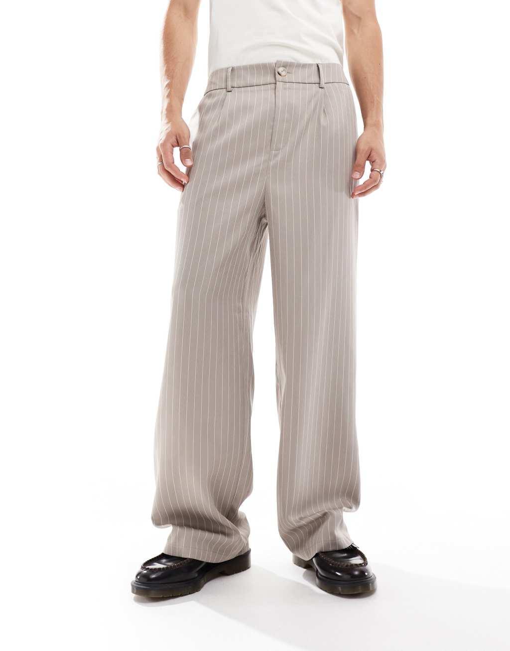 Reclaimed Vintage baggy tailored pants in beige pinstripe  Product Image