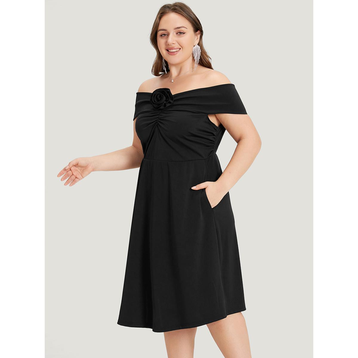 Plus Size Solid Pocket Floral Detail Ruched Off Shoulder Dress Black Women Glamour Gathered One-shoulder neck Sleeveless Curvy Midi Dress BloomChic 18-20/2X Product Image