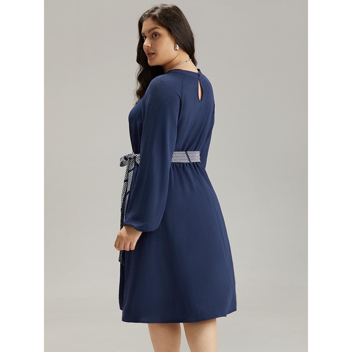 Plus Size Polka Dot Geometric Patchwork Belted Dress Navy Women At the Office Elastic cuffs Round Neck Long Sleeve Curvy Midi Dress BloomChic 12/L Product Image