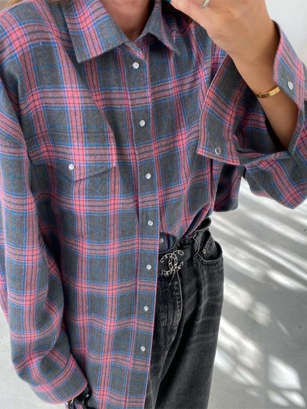 Vintage Plaid Print Long Sleeve Blouse Product Image