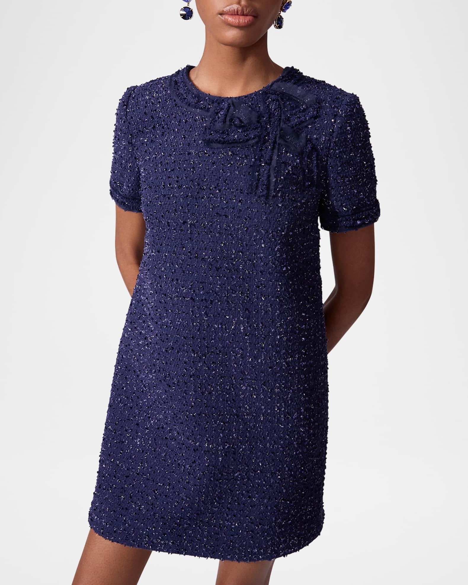 Bow-Neck Short-Sleeve Tweed Mini Dress Product Image