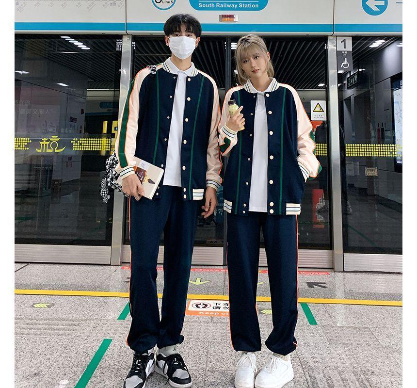 Couple Matching Crew Neck Striped Button Baseball Jacket / Harem Sweatpants / Short-Sleeve Striped Polo Shirt Product Image