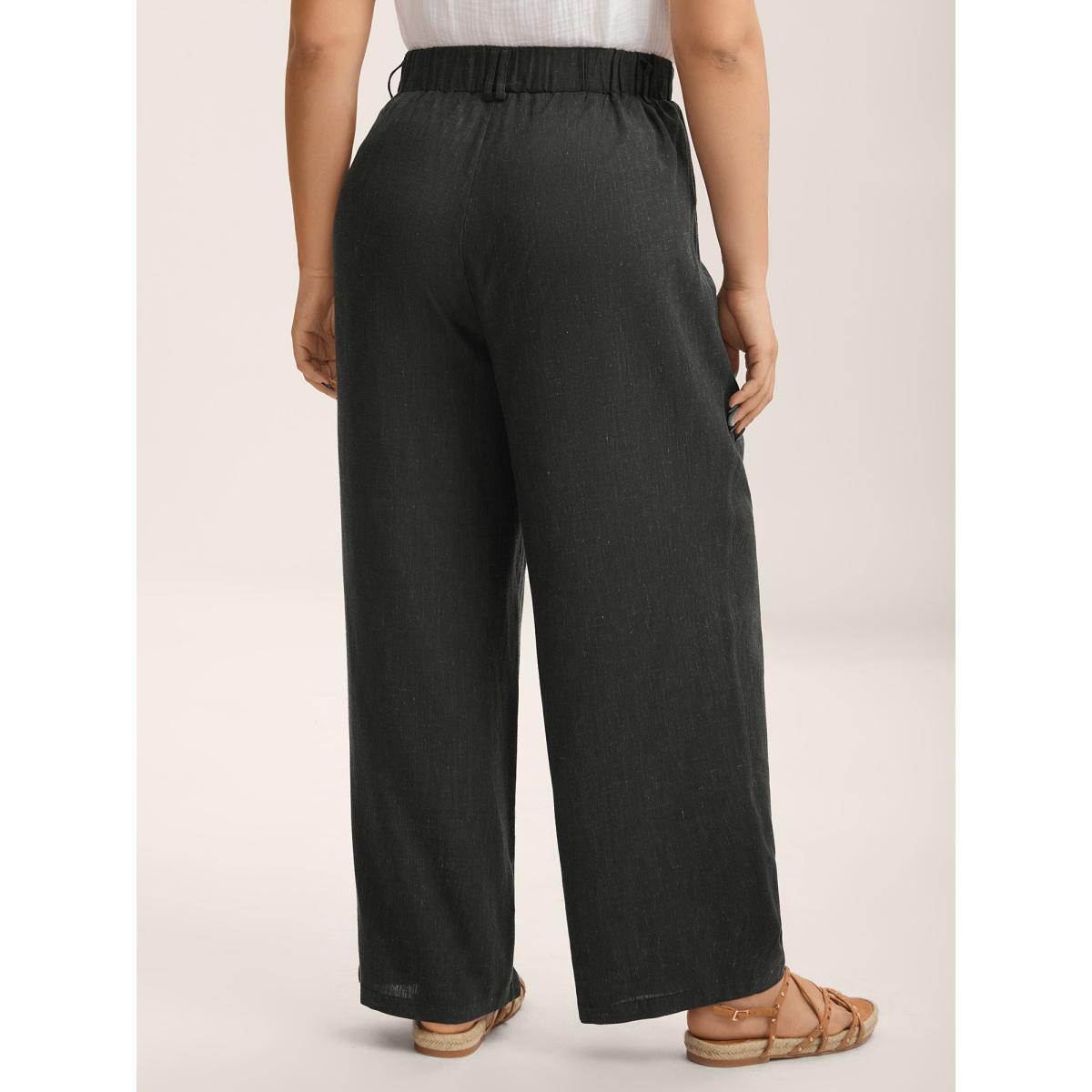 Plus Size Rayon-Linen Pleated Straight-Leg Pants Women Black Resort Straight Leg Mid Rise Vacation Pants BloomChic 30/6X Product Image