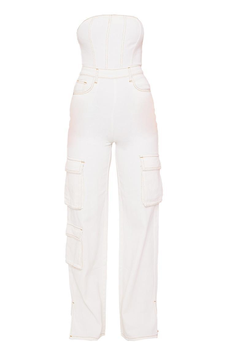 Ecru Contrast Stitch Cargo Pocket Bandeau Denim Jumpsuit Product Image