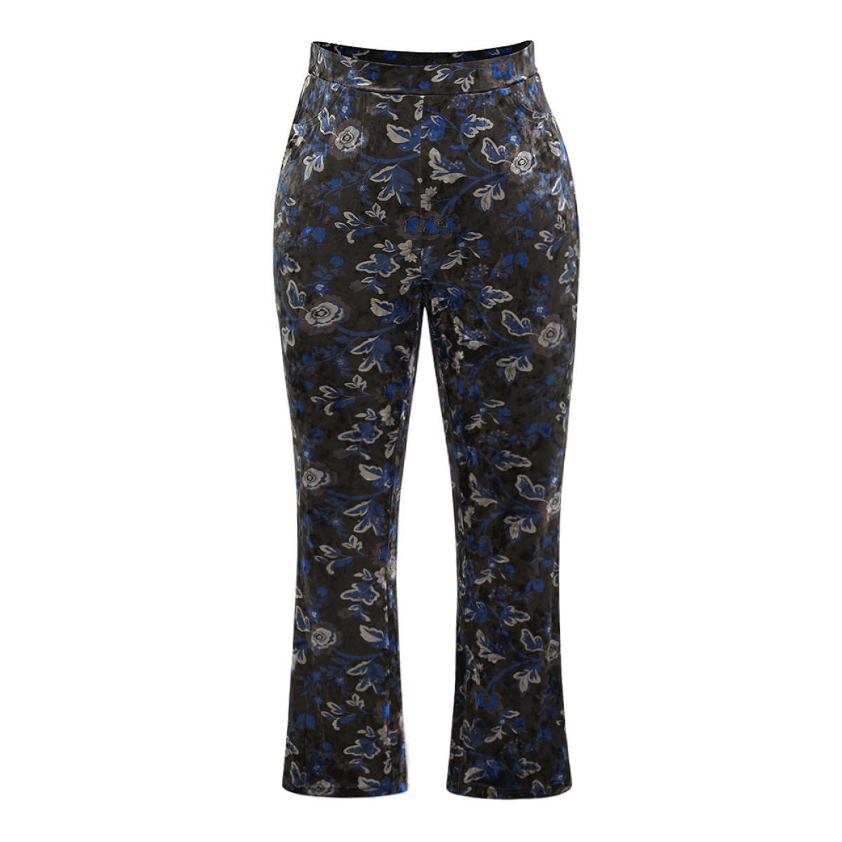 Plus Size Velvet Floral Elastic Waist High Rise Bootcut Pants Women Black Elegant Bootcut High Rise Dailywear Pants BloomChic 12/L Product Image