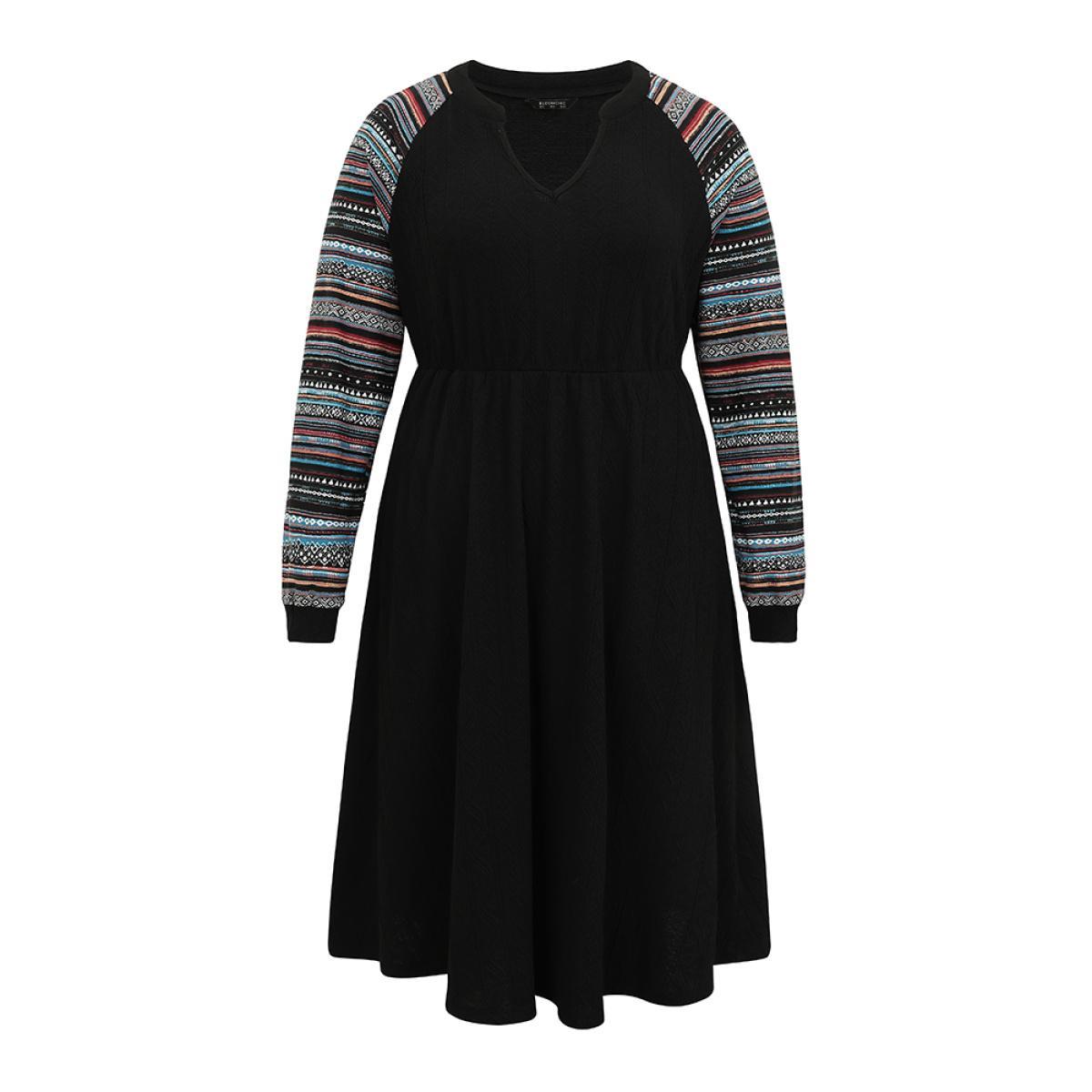 Plus Size Bandana Patchwork Elastic Waist Notched Dress DarkBlue Women Casual Printed Notched collar Long Sleeve Curvy Midi Dress BloomChic 26/4X Product Image