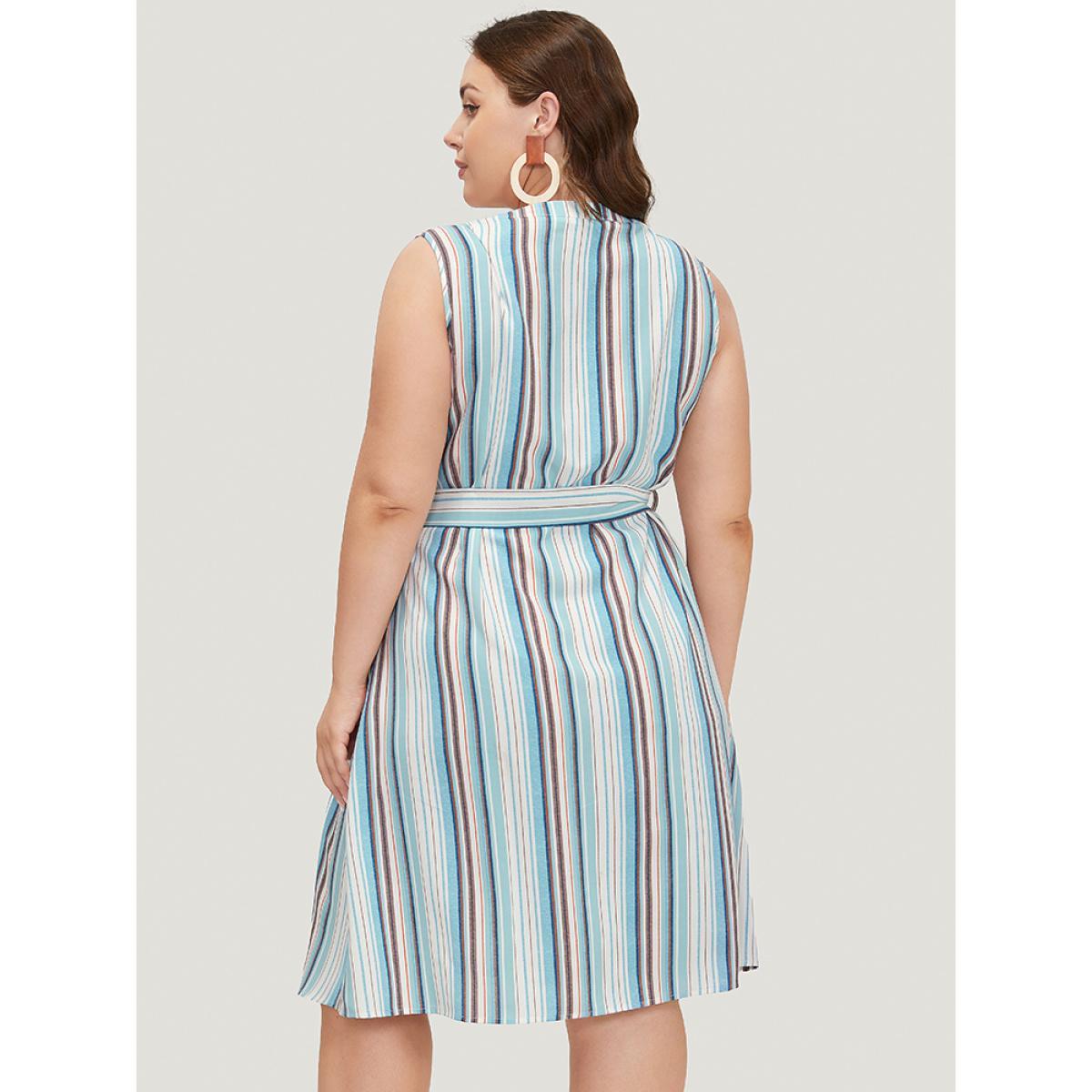 Plus Size Striped Contrast Belted Pocket Notched Tank Dress LightBlue Women Casual Contrast Notched collar Sleeveless Curvy Midi Dress BloomChic 14-16/1X Product Image
