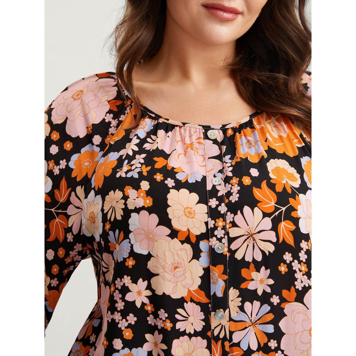 Plus Size Black Floral Textured Button Placket Blouse Women Elbow-length sleeve Round Neck Everyday-Elegant Blouses BloomChic 30/6X Product Image