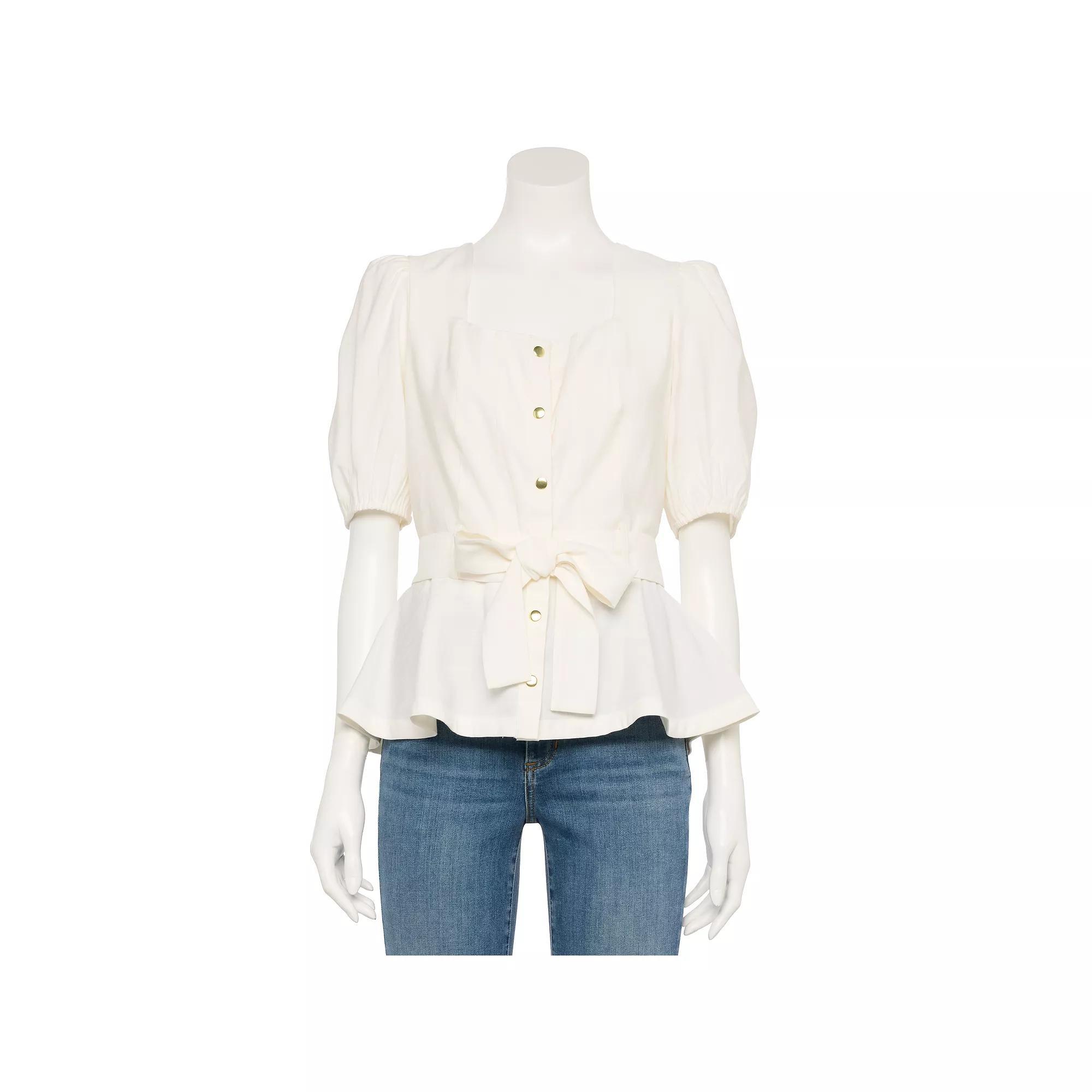 Women's Nine West Adaptive Belted Squareneck Top, Size: Medium, Ivory Tusk Product Image