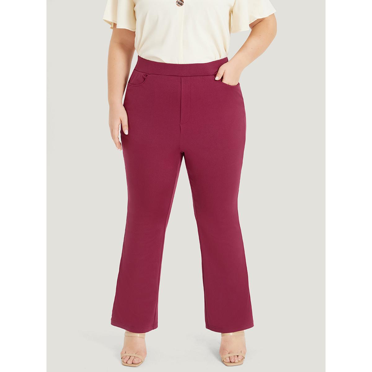 Plus Size Plain Slant Pocket Elastic Waist High Rise Bootcut Pants Women Burgundy Office Bodycon High Rise Work Pants BloomChic 10/M Product Image