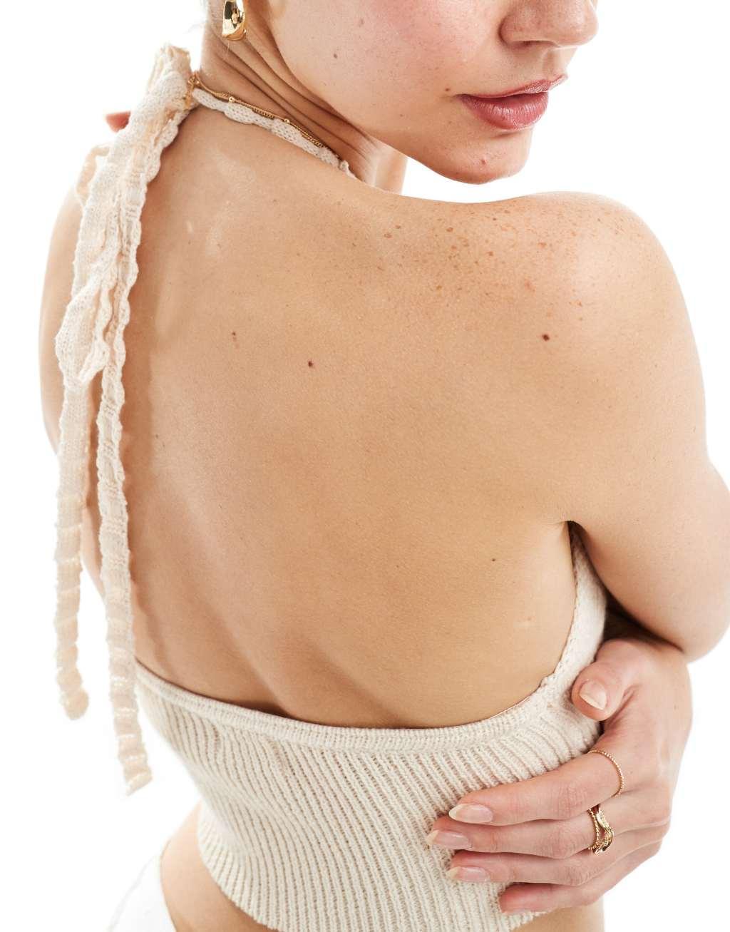 Cotton On faux shell trim halter neck crop top in ecru crochet - part of a set  Product Image