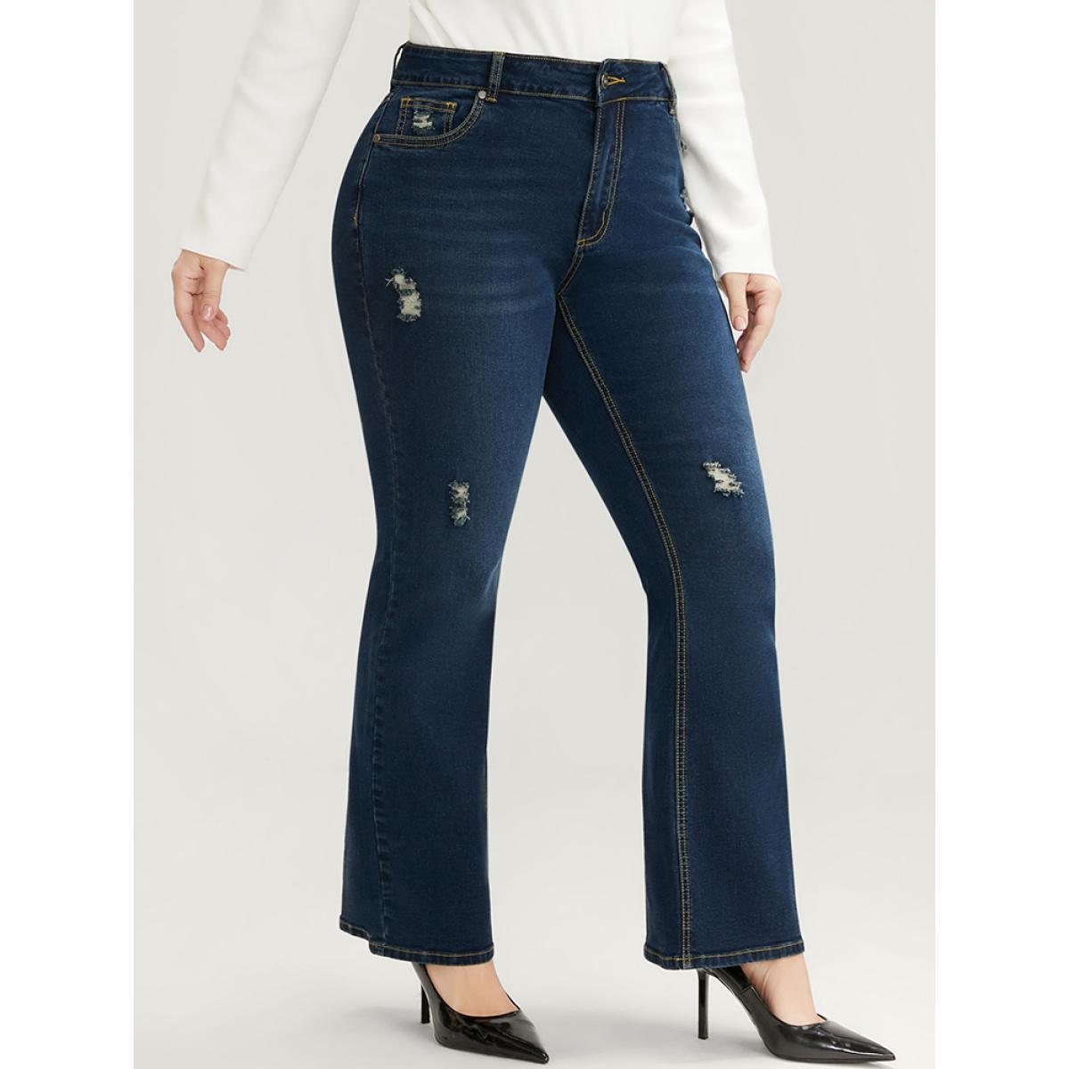Plus Size Bootcut Slightly Stretchy High Rise Dark Wash Distressed Jeans Women DarkBlue Casual Plain Plain Low stretch Pocket Jeans BloomChic 26/4X Product Image