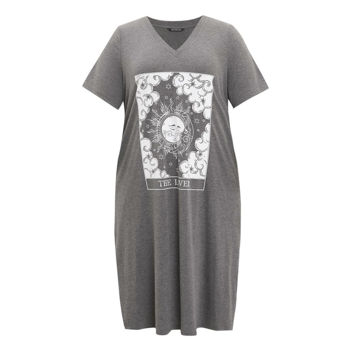 Plus Size Horoscope Print Pocket Split Dress Gray Women Casual Pocket Curvy Midi Dress BloomChic 14-16/1X Product Image