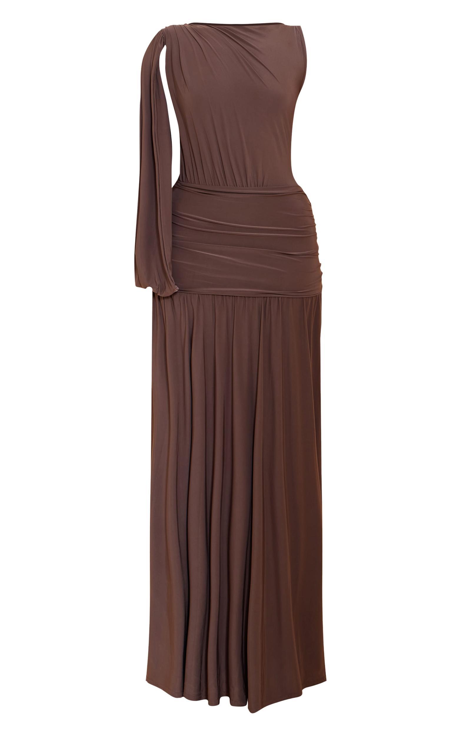 Mushroom Double Layer Slinky Ruched One Shoulder Maxi Dress Product Image