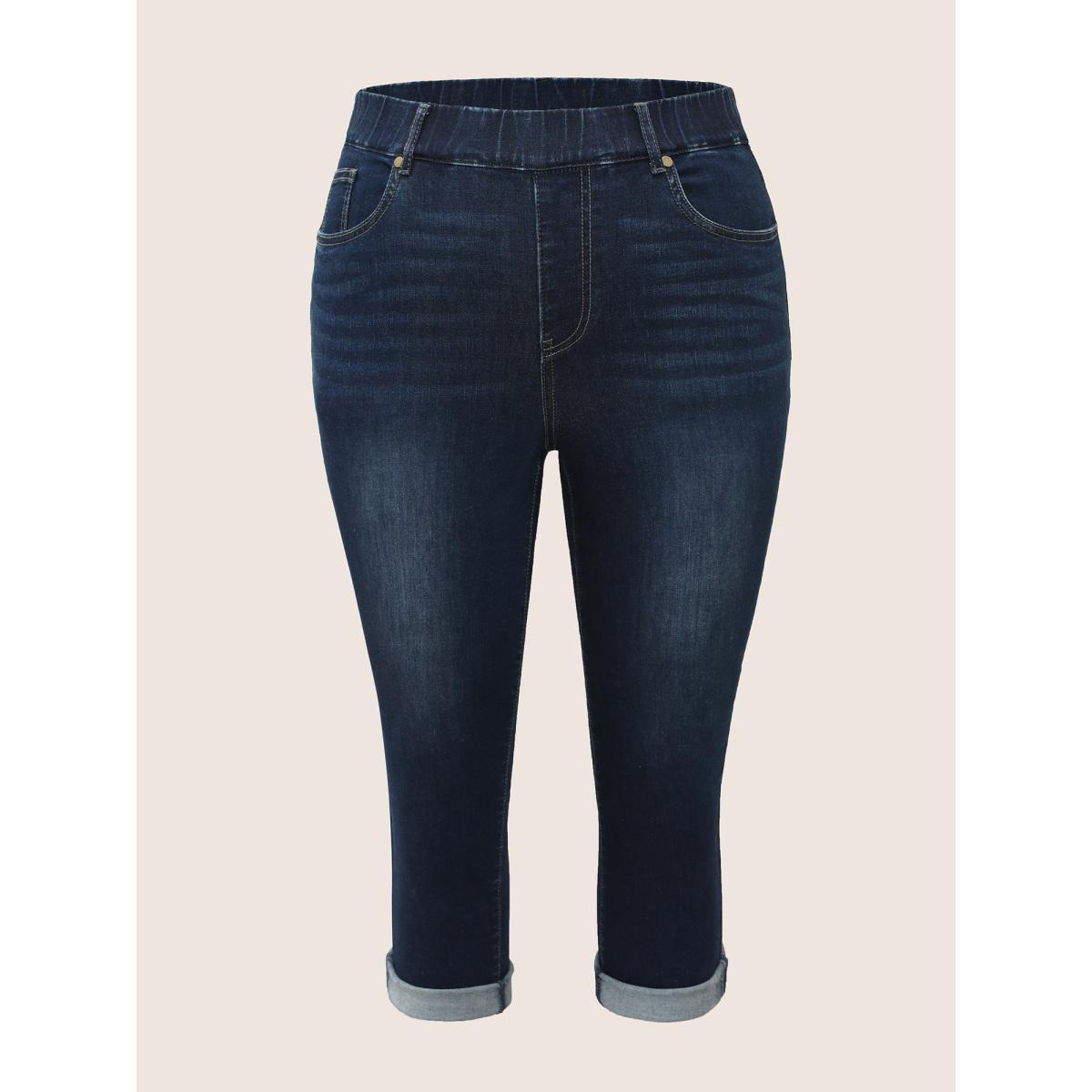 Plus Size Dark Wash Elastic Waist Roll Hem Jeans Women Midnight Casual Roll Hem High stretch Slanted pocket Jeans BloomChic 30/6X Product Image