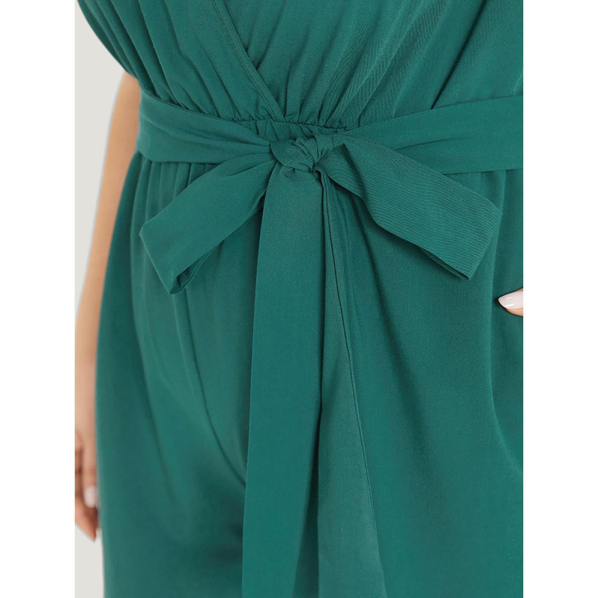 Plus Size Green Supersoft Essentials Plain Surplice Neck Belted Jumpsuit Women Elegant Sleeveless V-neck Dailywear Loose Jumpsuits BloomChic 18-20/2X Product Image